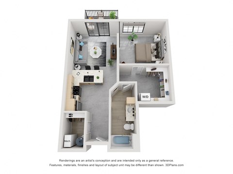 Floor plan for 1 bed, 1 bath, 734 sqft